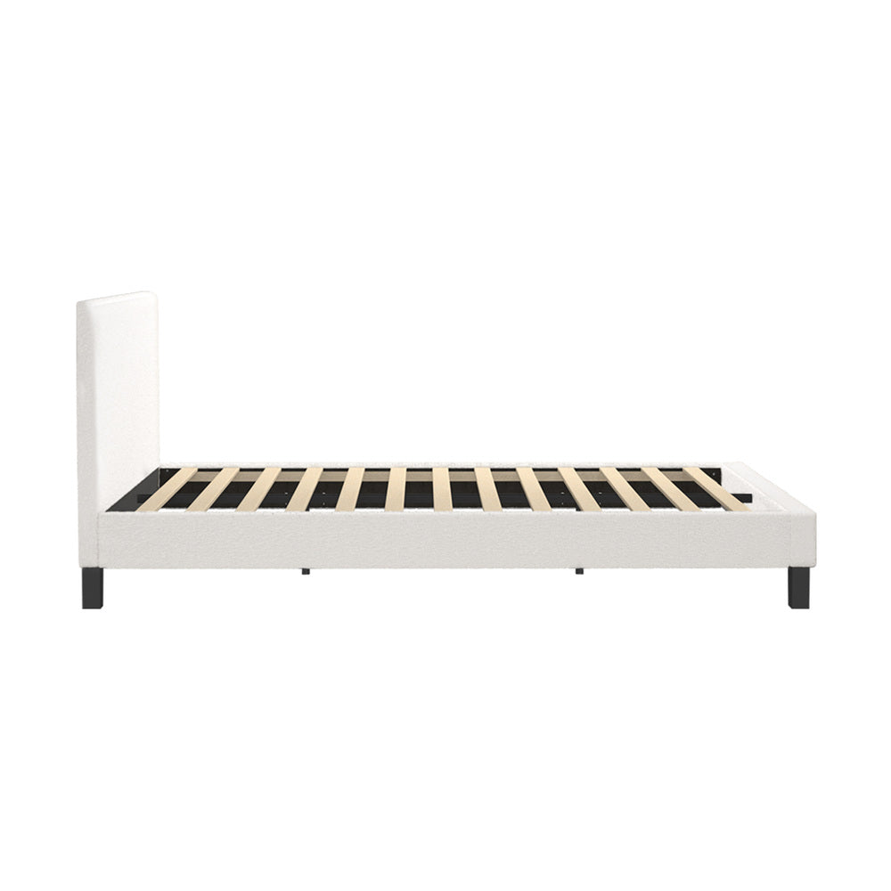 King Single Bed Frame with Wooden Slats and Boucle Fabric Bed Base Mattress Platfrom White