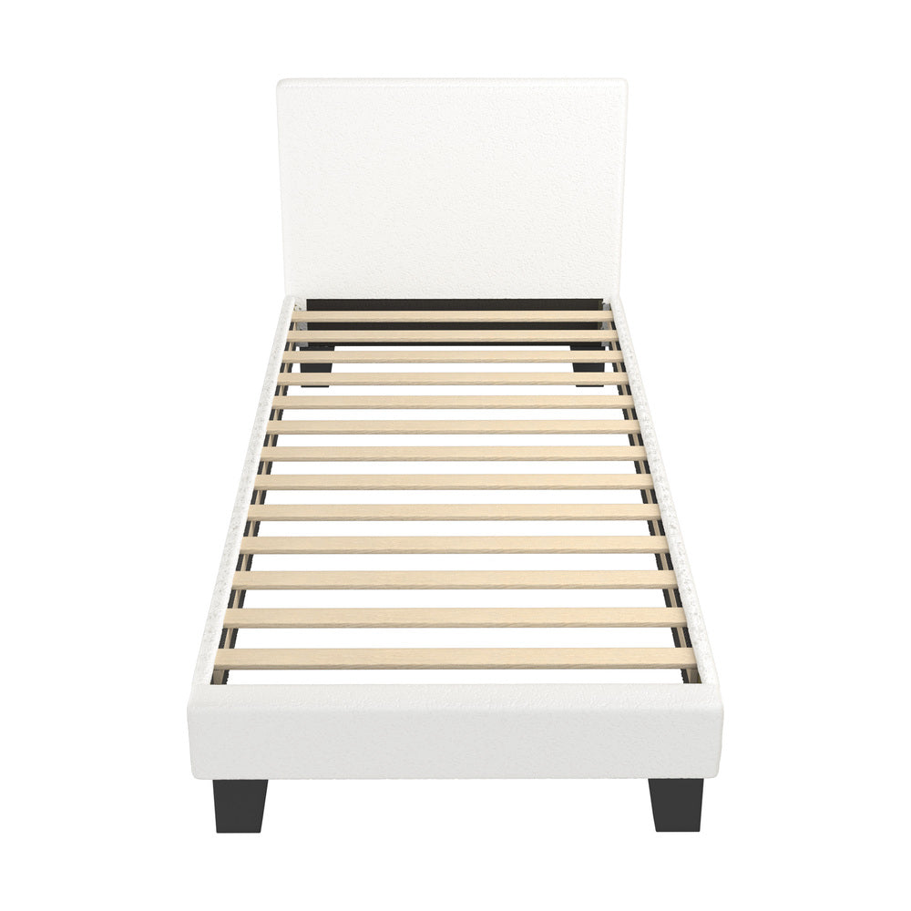 Single Bed Frame with Wooden Slats and Boucle Fabric Bed Base Mattress Platfrom White