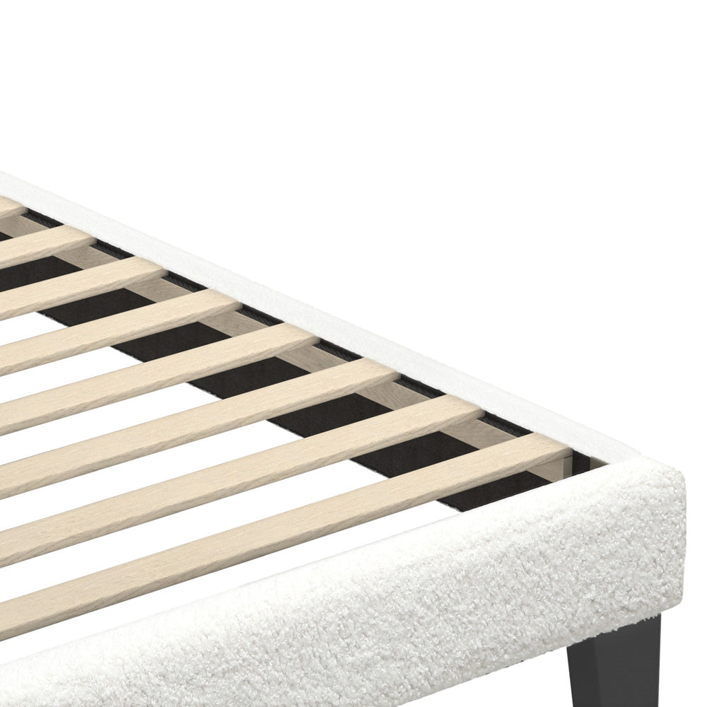 Single Bed Frame with Wooden Slats and Boucle Fabric Bed Base Mattress Platfrom White