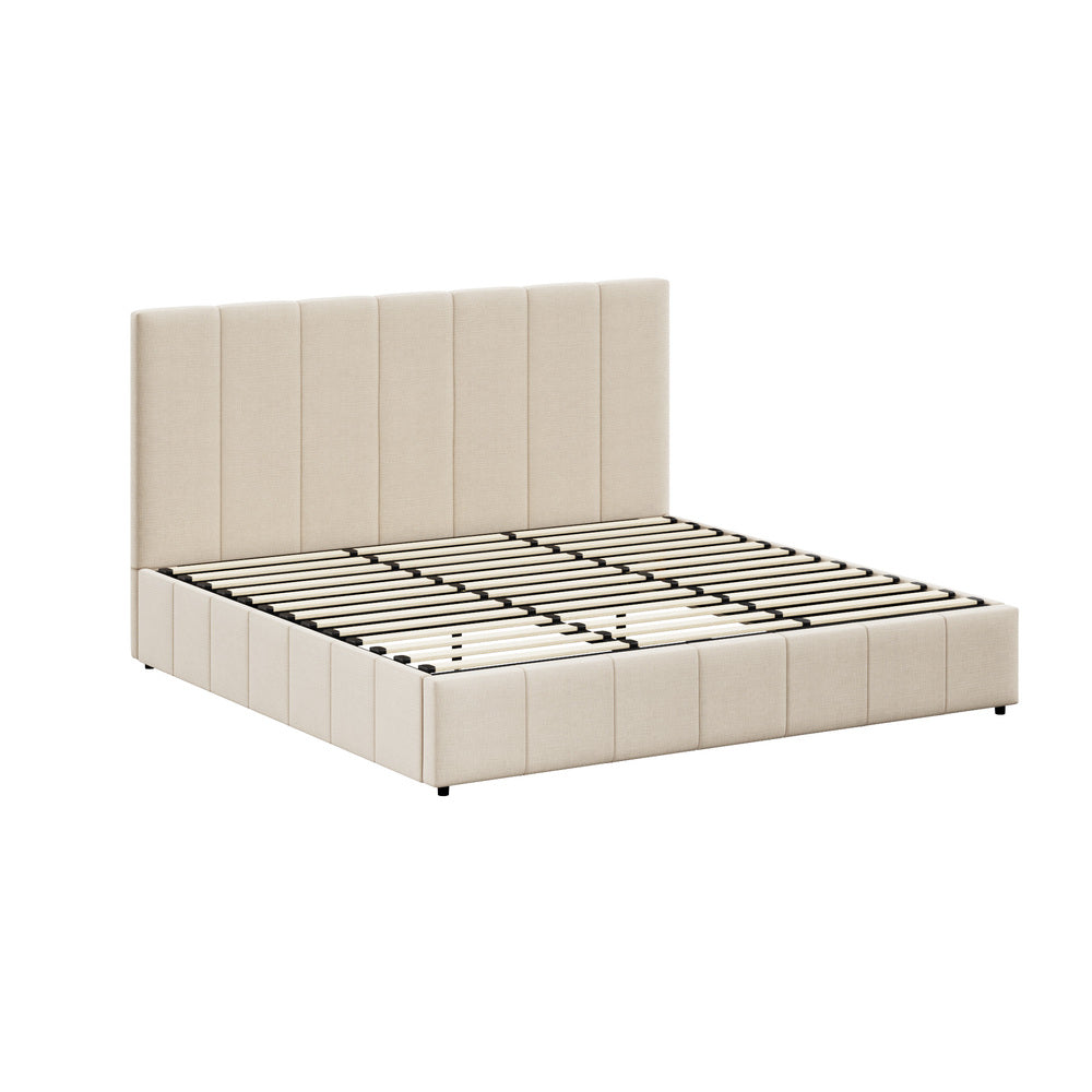 Bed Frame King Size Gas Lift Base Beige Fabric