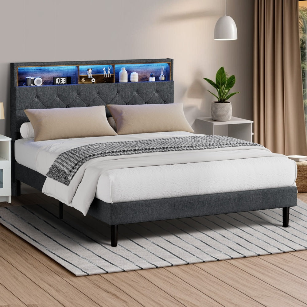 Bed Frame with LED Storage Bedhead Queen Size NOVI