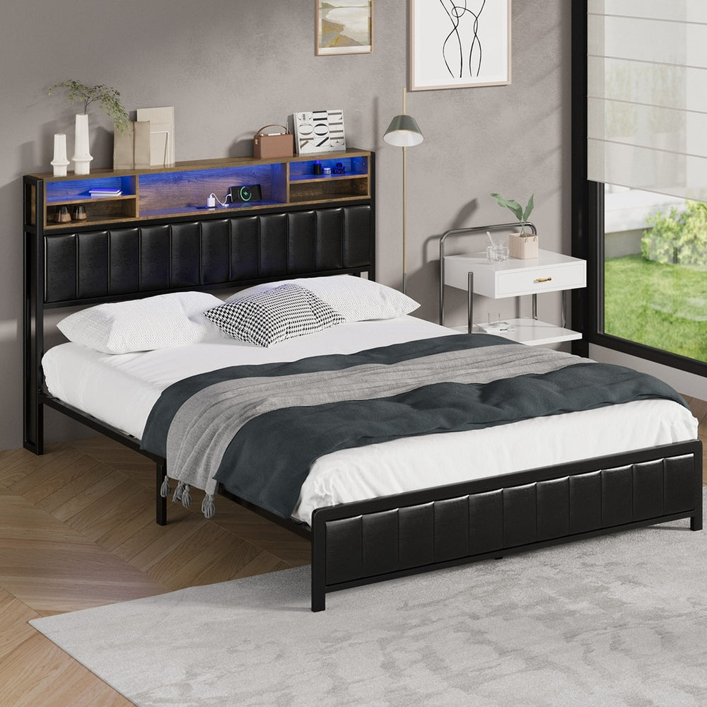 Bed Frame Queen Size LED Storage Bedhead 4 Drawers Leather