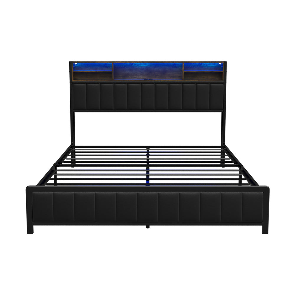 Bed Frame Queen Size LED Storage Bedhead Leather Black