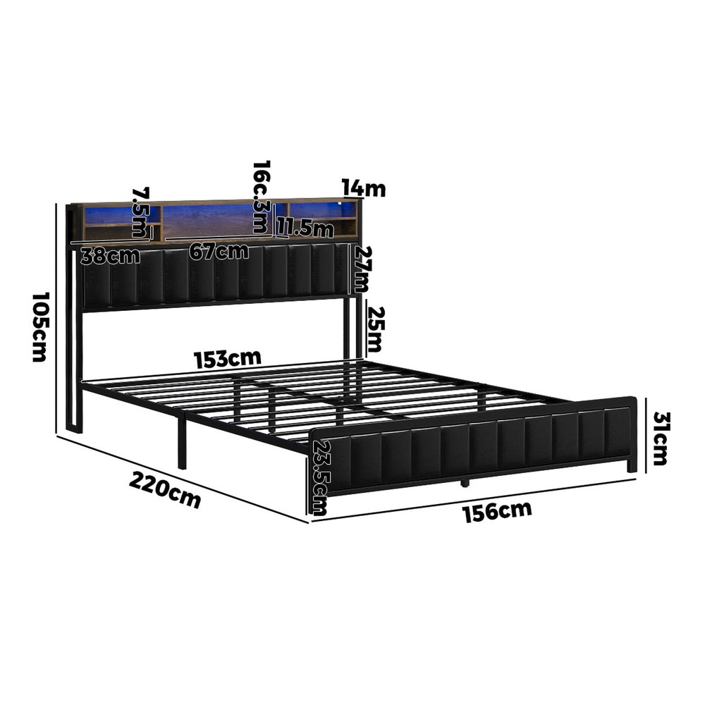 Bed Frame Queen Size LED Storage Bedhead 4 Drawers Leather