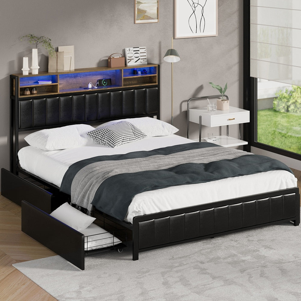 Bed Frame Queen Size LED Storage Bedhead Leather Black