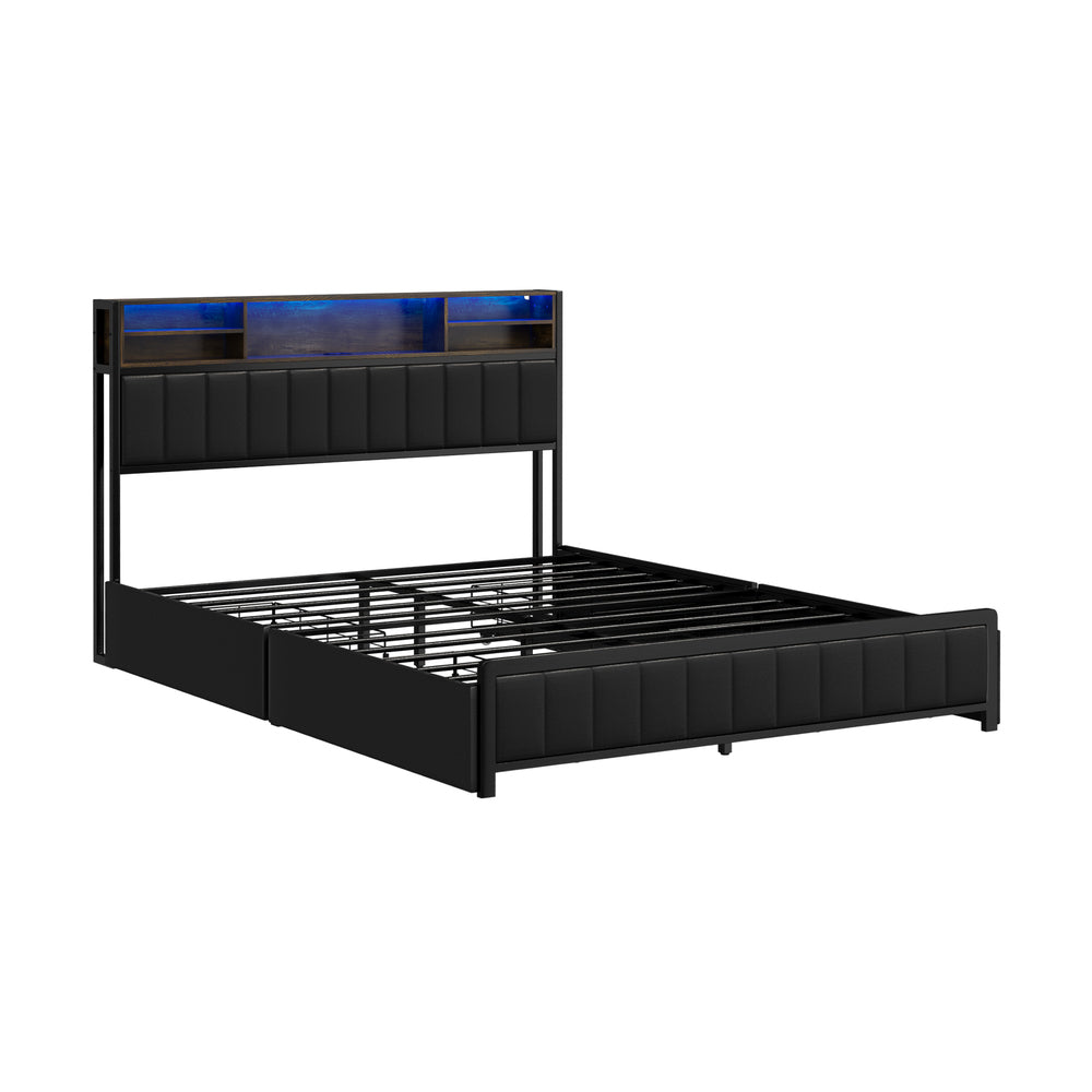 Bed Frame Queen Size LED Storage Bedhead 4 Drawers Leather