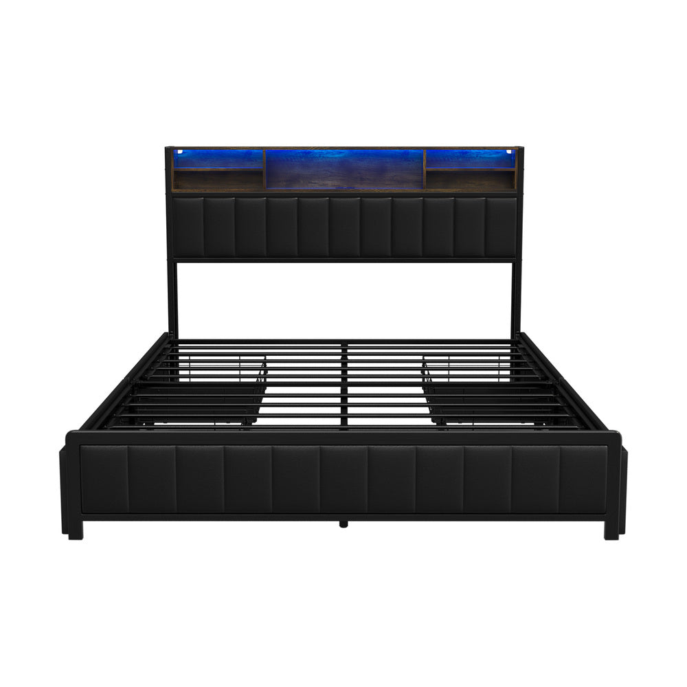 Bed Frame Queen Size LED Storage Bedhead 4 Drawers Leather