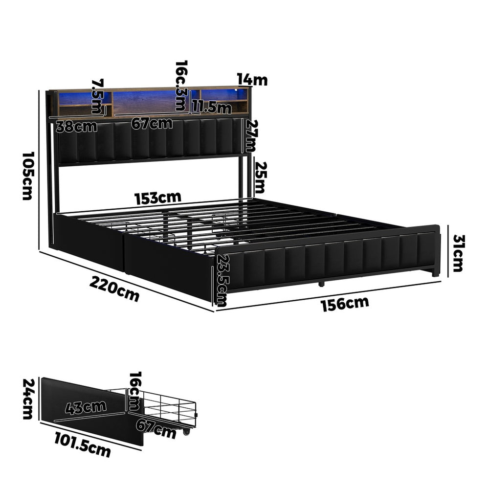 Bed Frame Queen Size LED Storage Bedhead 4 Drawers Leather