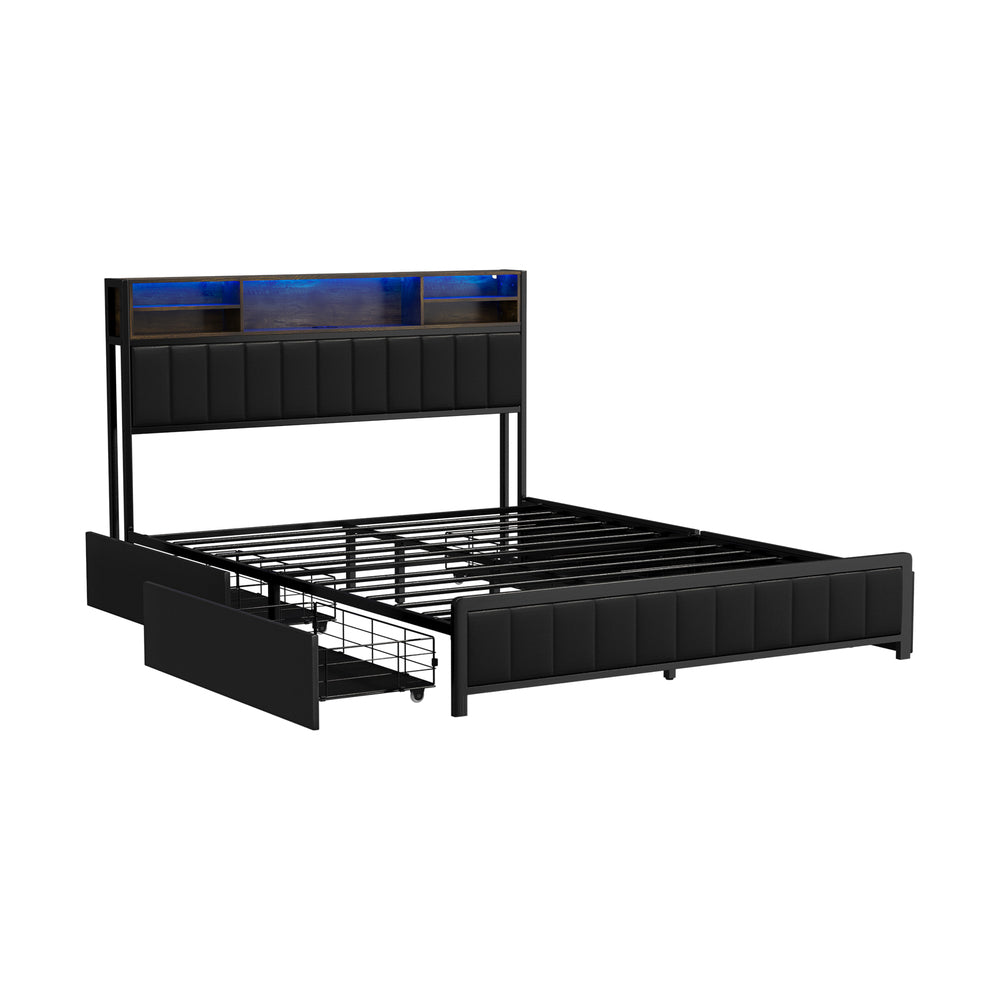 Bed Frame Queen Size LED Storage Bedhead Leather Black