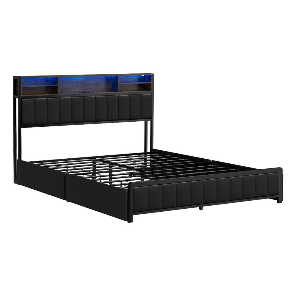 Bed Frame Queen Size LED Storage Bedhead 4 Drawers Leather