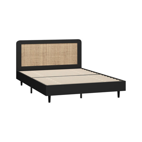 Bed Frame Double Size Real Rattan Headboard Black