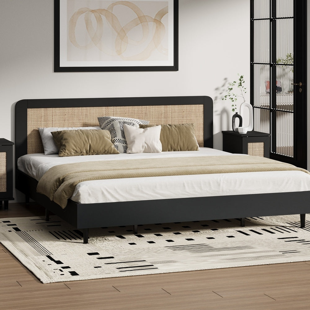 Bed Frame Double/King/Queen Size Real Rattan Headboard Black