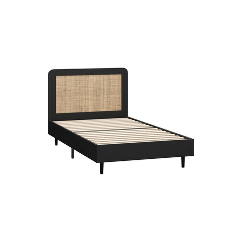 Bed Frame Single Size Real Rattan Headboard Black