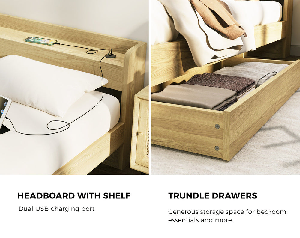 Double/King Single/Queen Bed Frame with Charging Ports & 2 Drawers