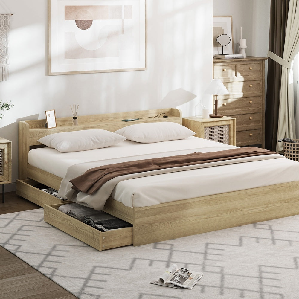 Bed Frame King Size with Charging Ports 2 Drawers White