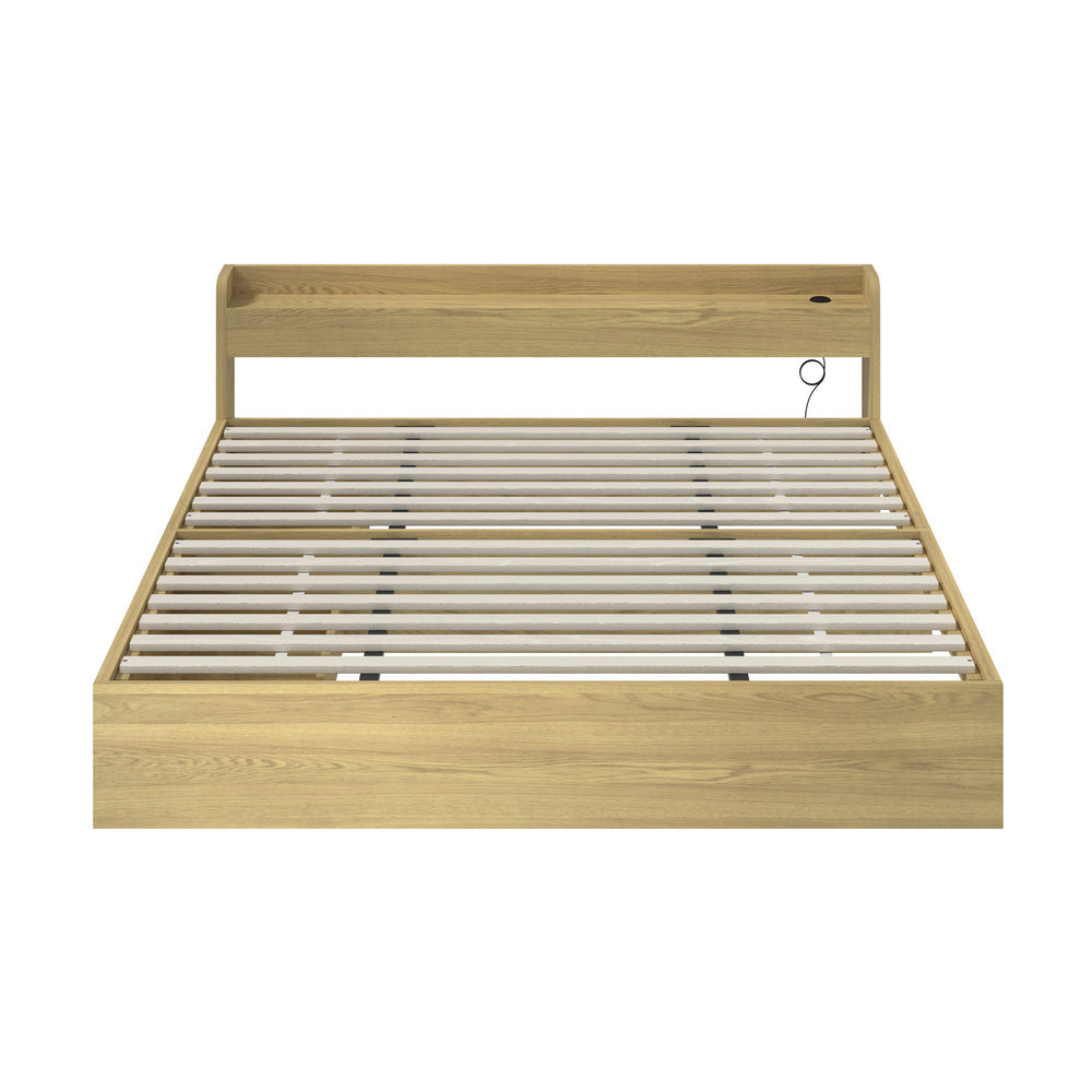 King Bed Frame with Charging Ports 2 Drawers Natural