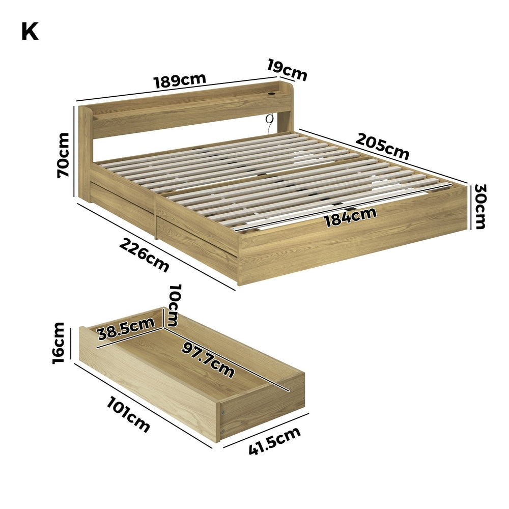 Bed Frame King Size with Charging Ports 2 Drawers White