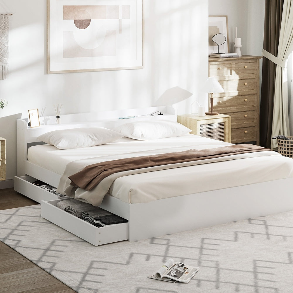 Bed Frame King Size with Charging Ports 2 Drawers White