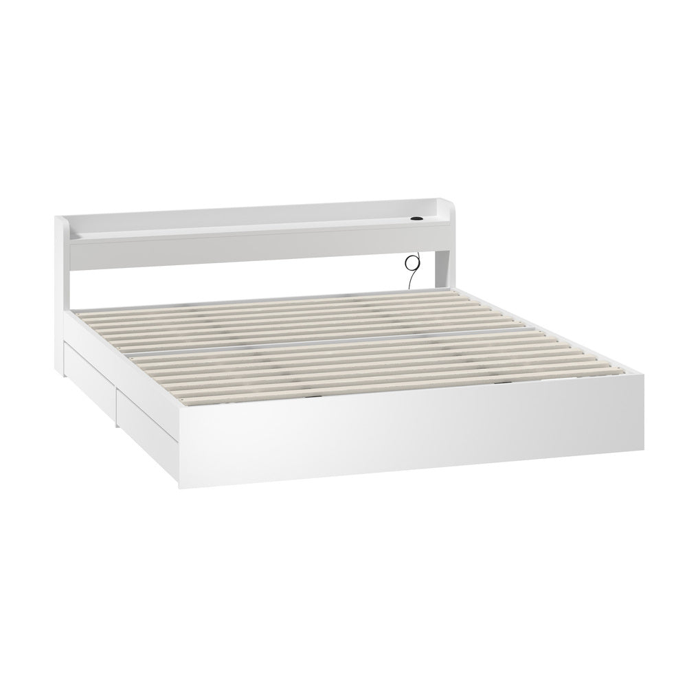 Bed Frame King Size with Charging Ports 2 Drawers White