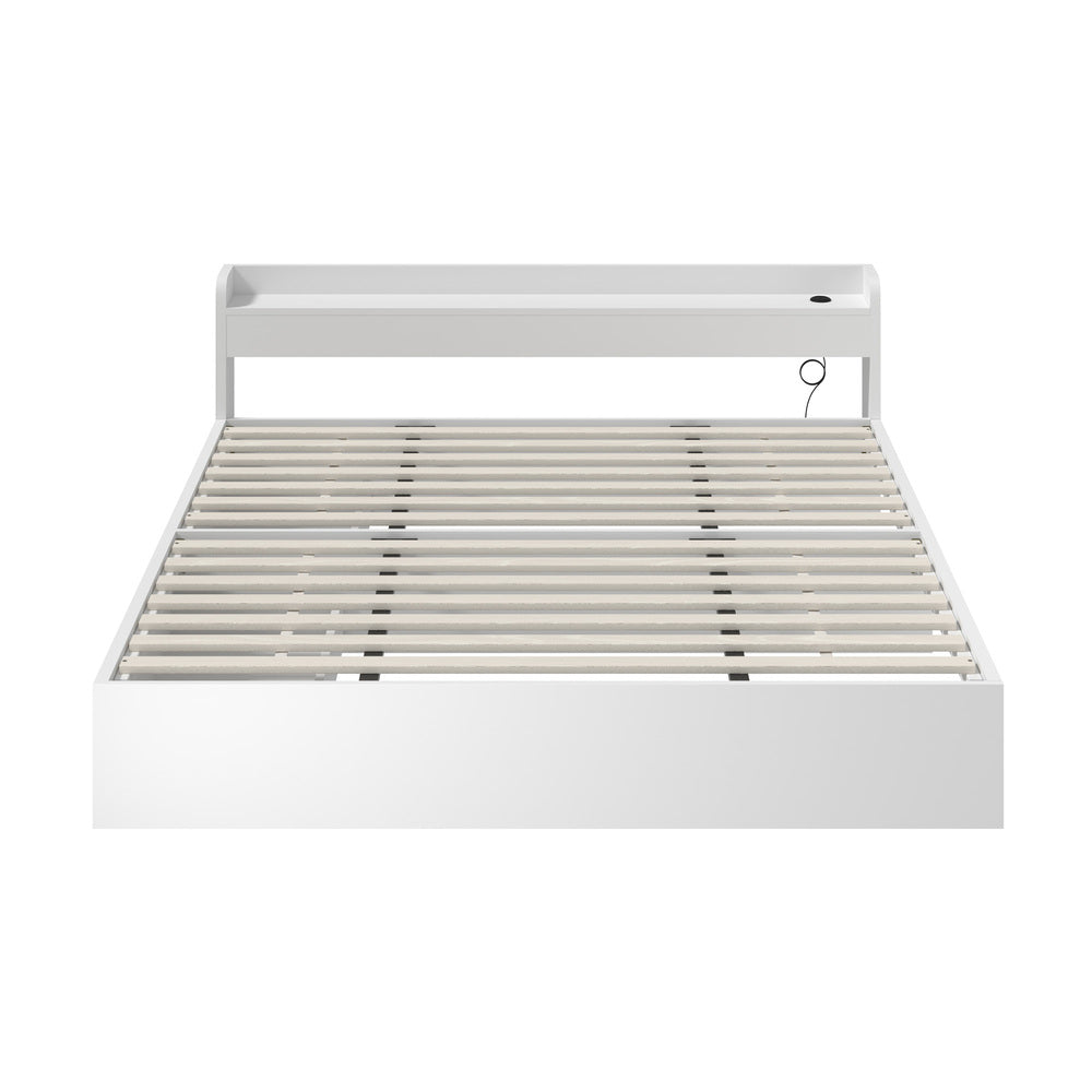 Bed Frame King Size with Charging Ports 2 Drawers White