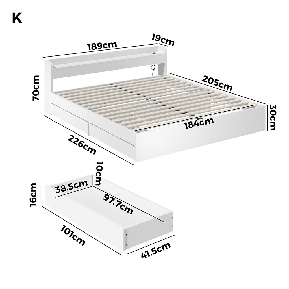 Bed Frame King Size with Charging Ports 2 Drawers White