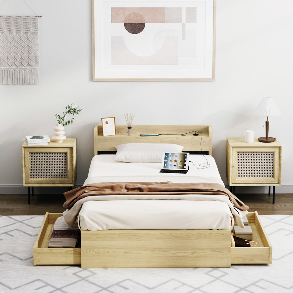 Double/King Single/Queen Bed Frame with Charging Ports & 2 Drawers