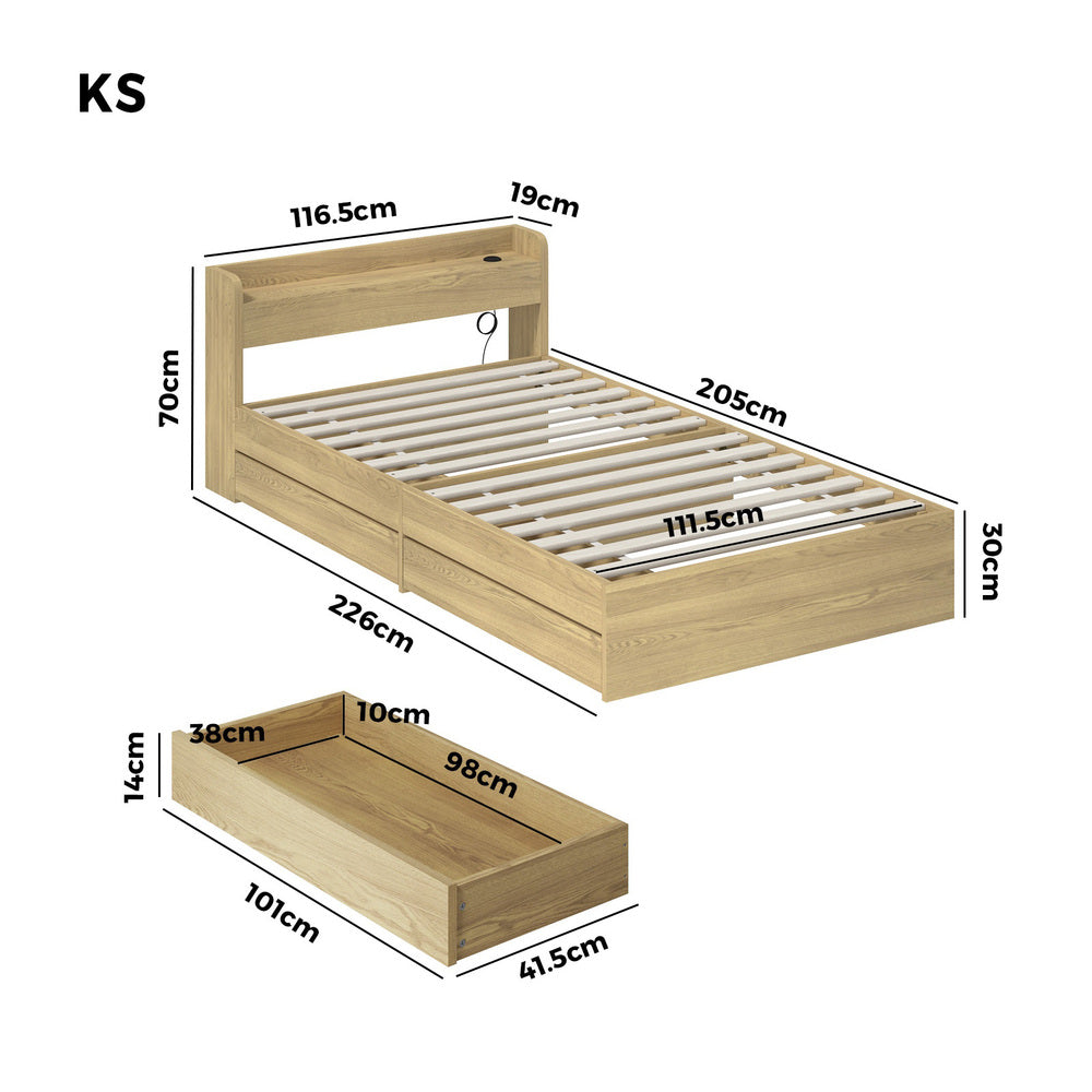 Double/King Single/Queen Bed Frame with Charging Ports & 2 Drawers