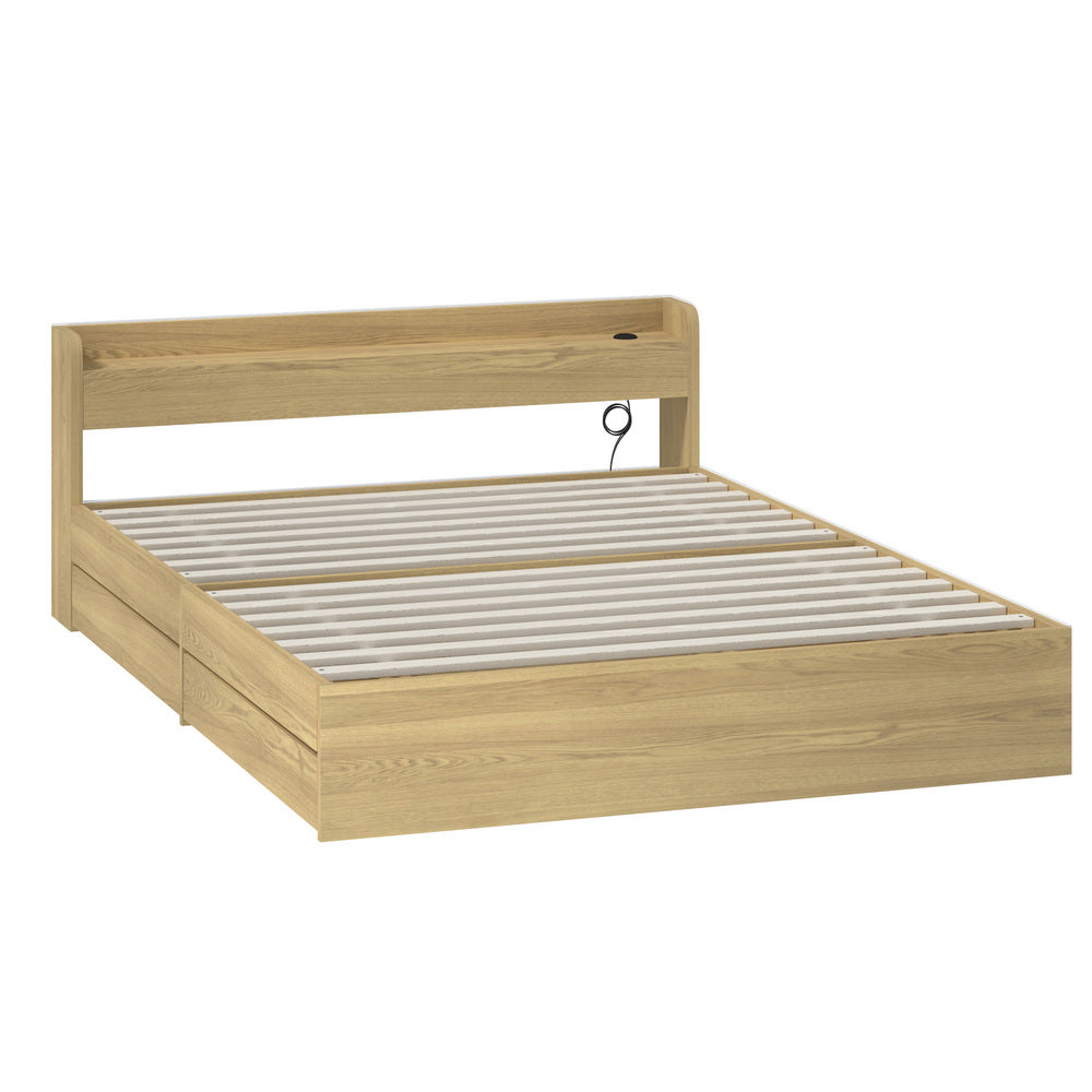 Double/King Single/Queen Bed Frame with Charging Ports & 2 Drawers