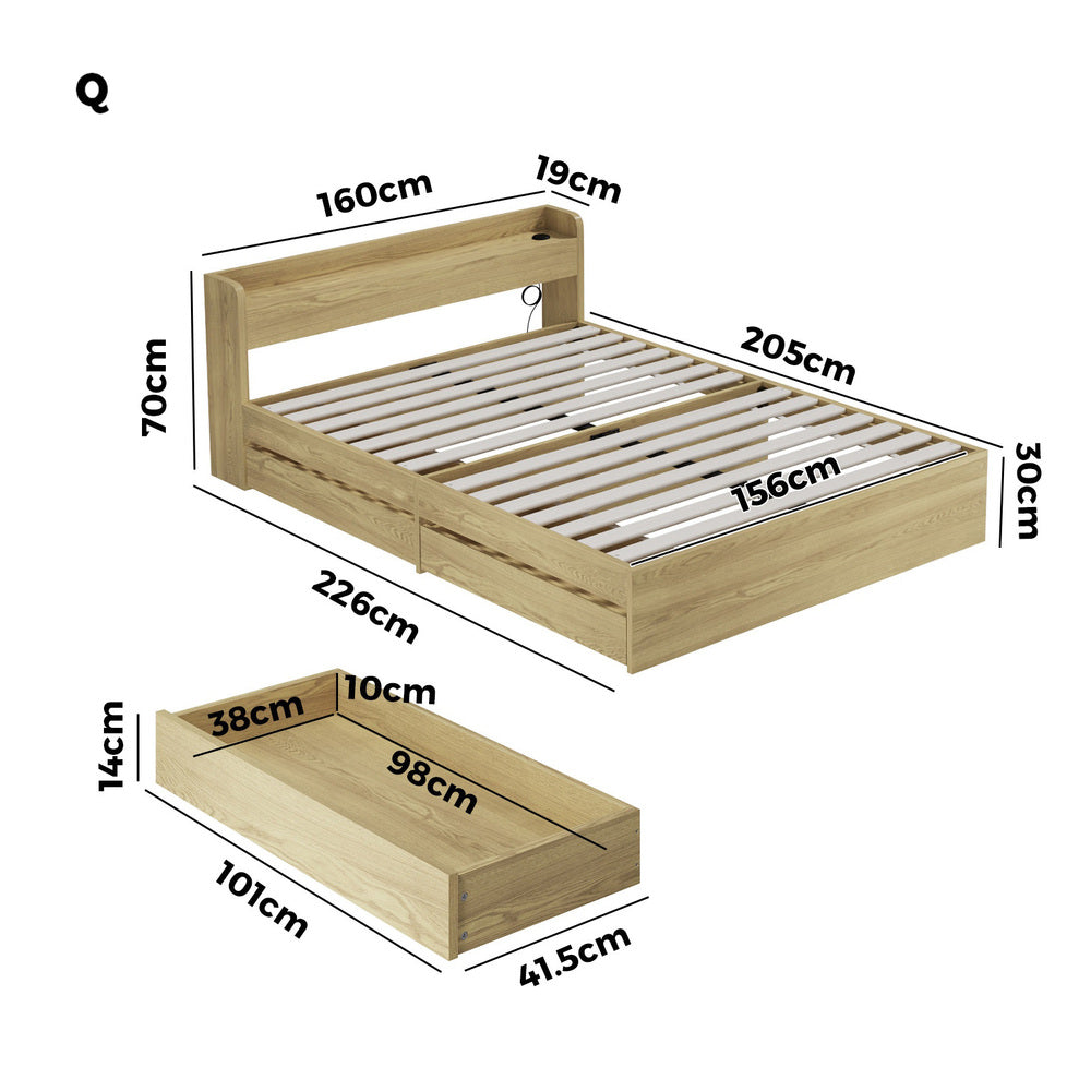 Double/King Single/Queen Bed Frame with Charging Ports & 2 Drawers