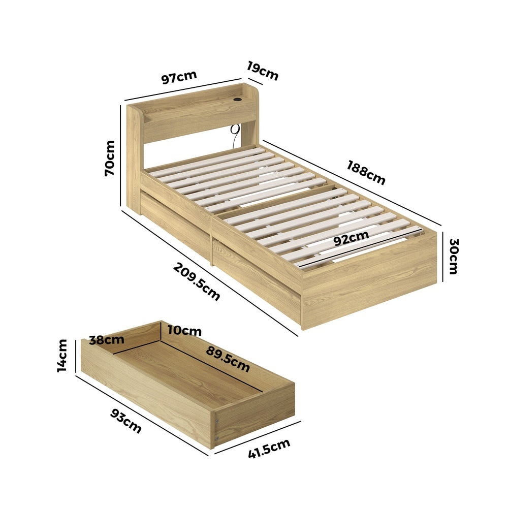 Double/King Single/Queen Bed Frame with Charging Ports & 2 Drawers