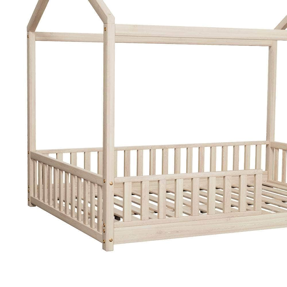 Kids Wooden Bed Frame Double Size House Platform Natural