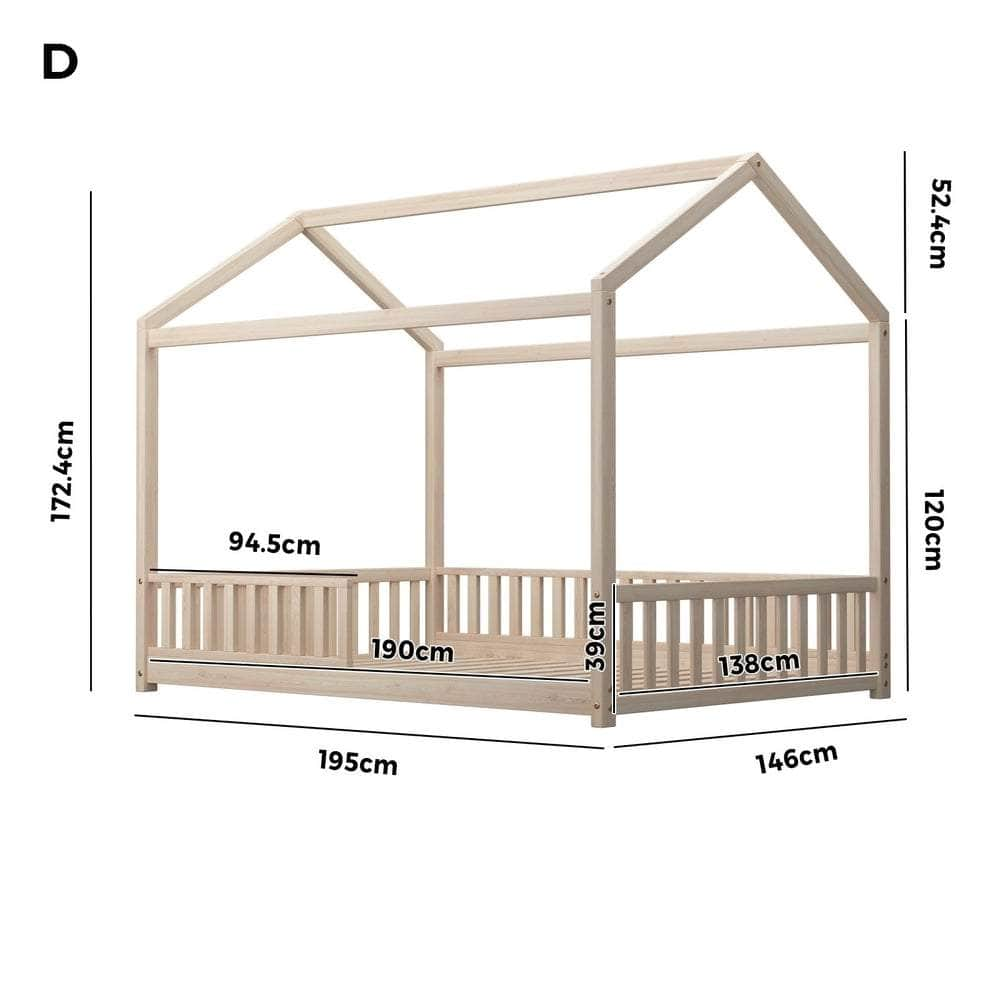 Kids Wooden Bed Frame Double Size House Platform Natural