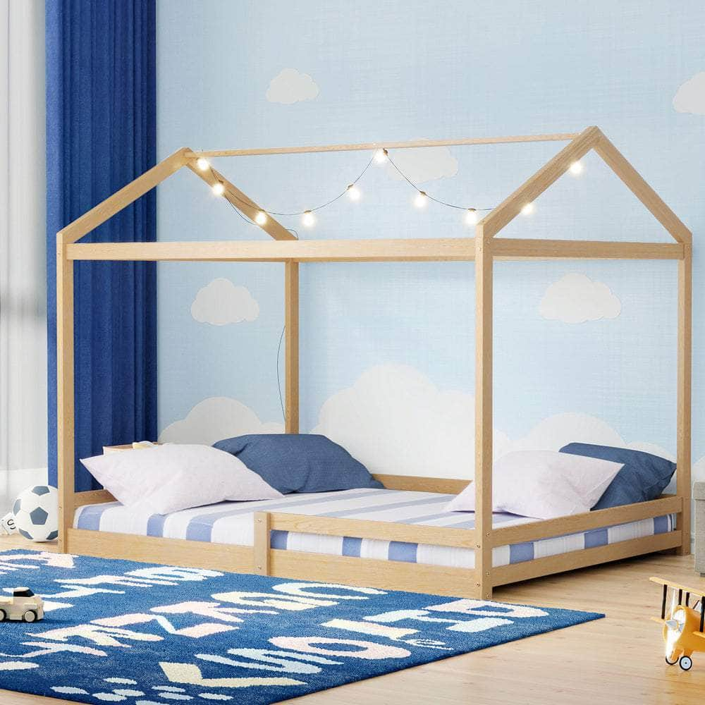 Double Kids Wooden Bed Frame House Beds with Fence Natural