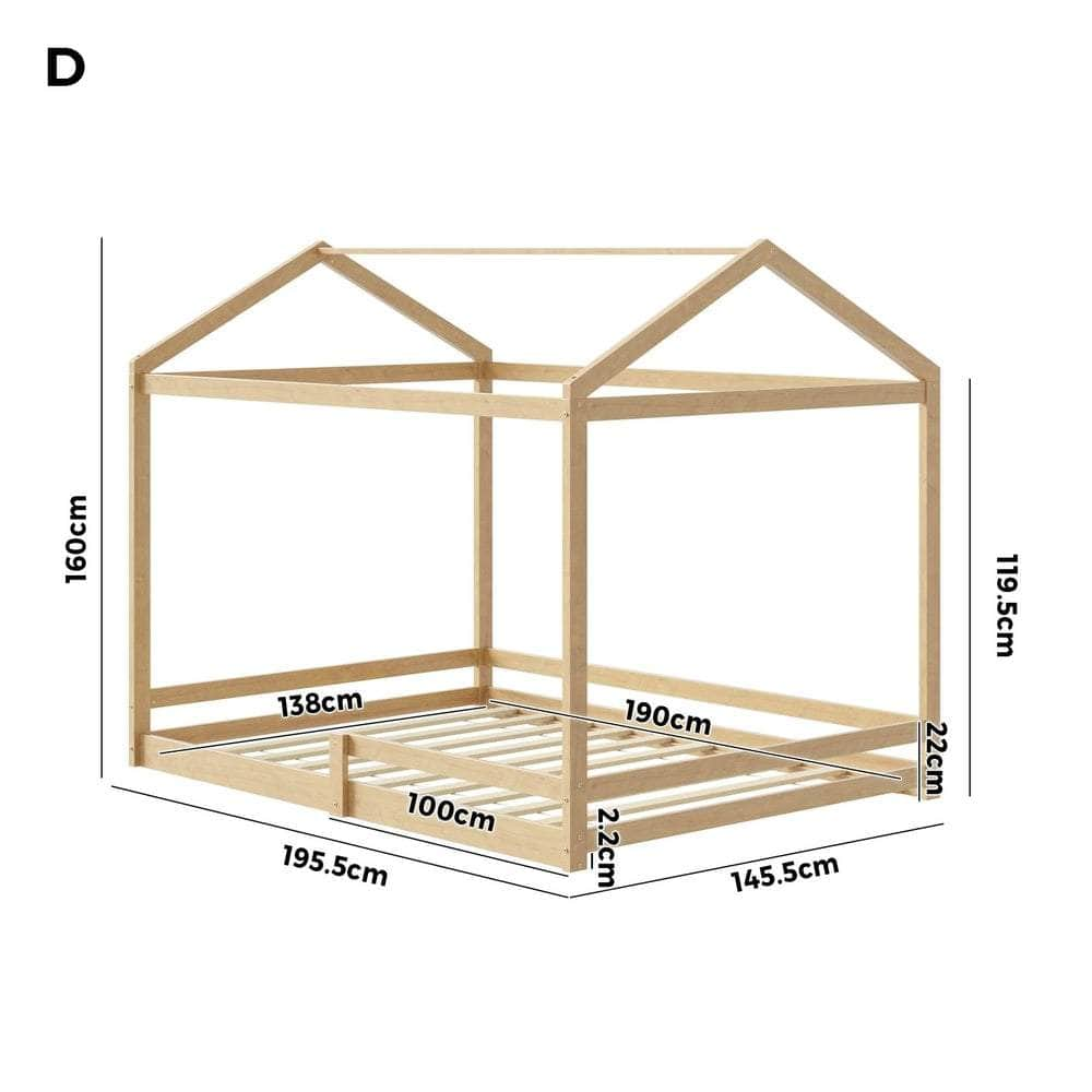 Double Kids Wooden Bed Frame House Beds with Fence Natural