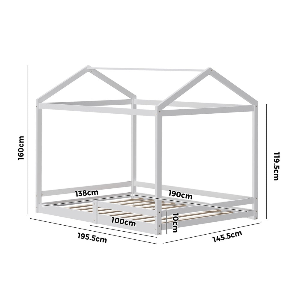 Kids Wooden Bed Frame House Base with Fence Double White