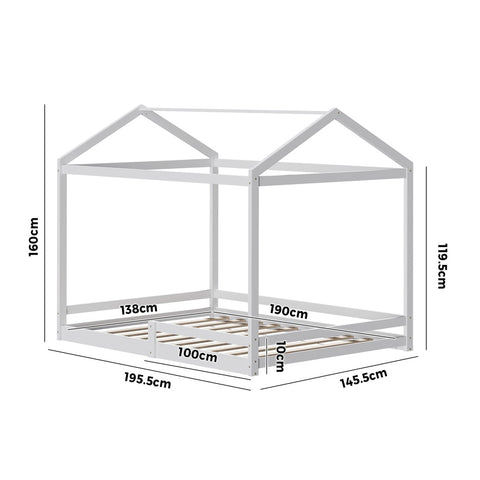 Kids Wooden Bed Frame House Base with Fence Double White