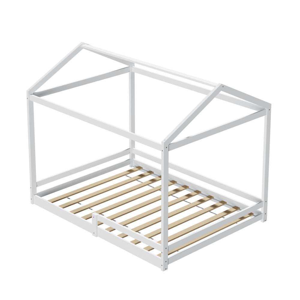 Kids Wooden Bed Frame House Base with Fence Double White