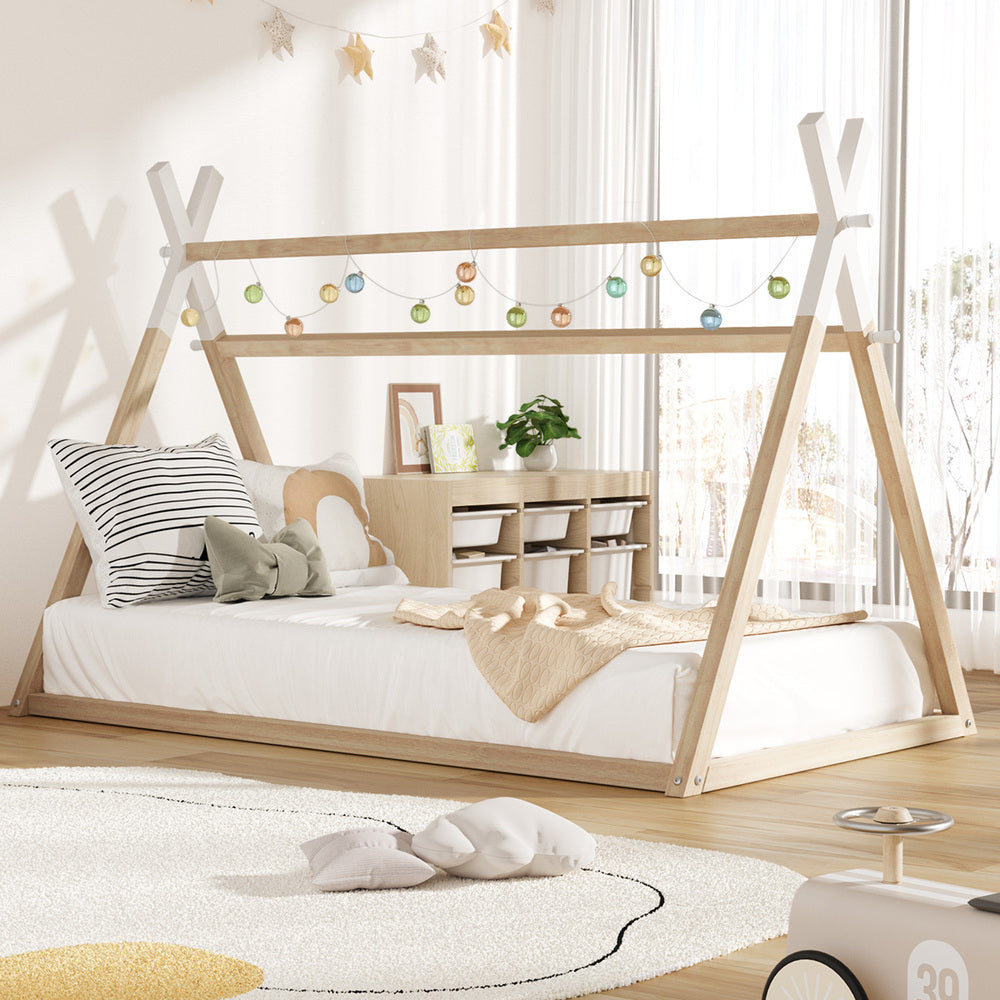 Kids Bed Frame Wooden Timber King Single Teepee House Frame Beds