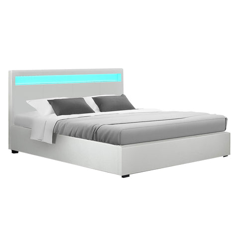 Bed Frame Queen Size Led Gas Lift White Cole