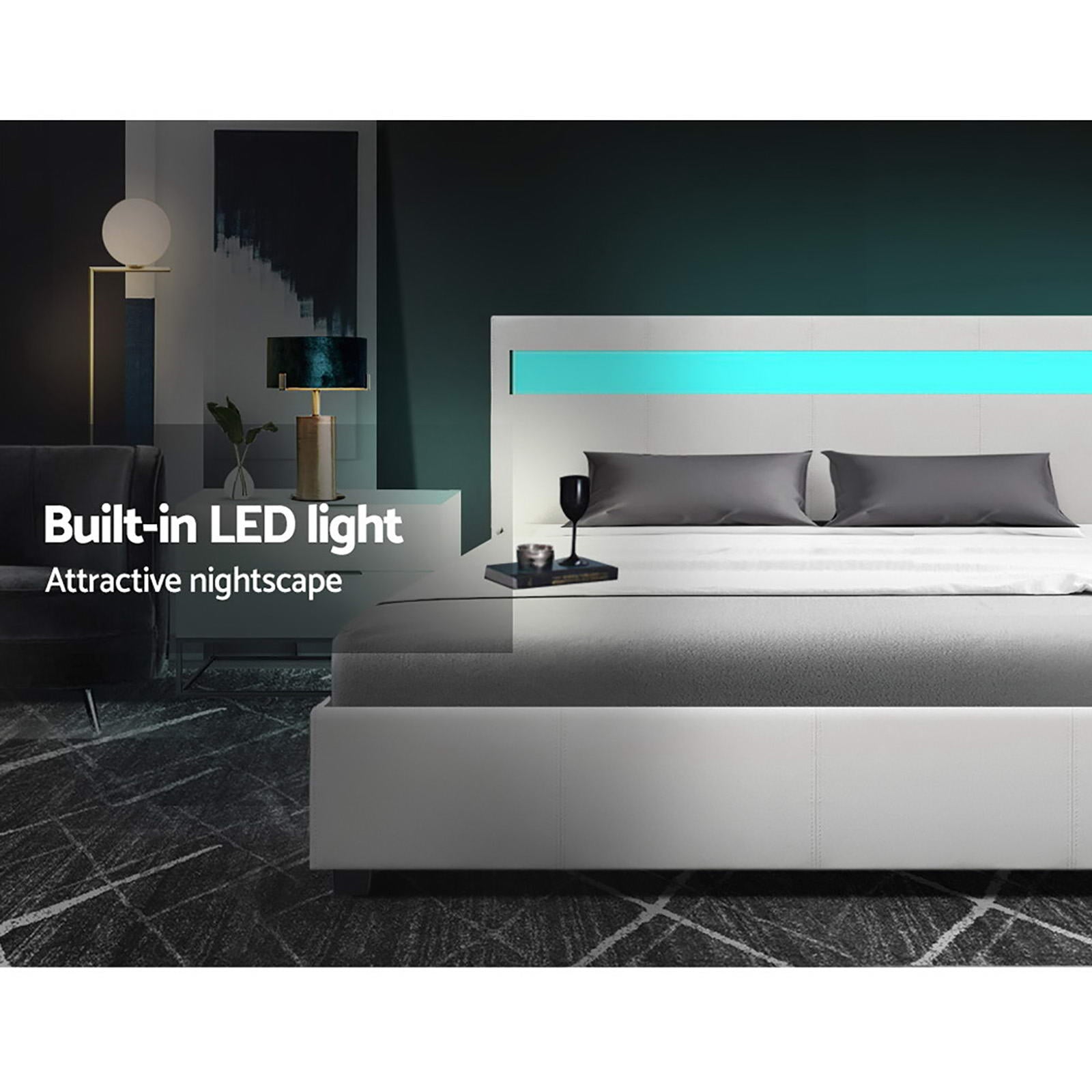 Bed Frame Queen Size Led Gas Lift White Cole