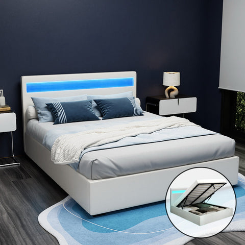 Bed Frame Queen Size Led Gas Lift White Cole