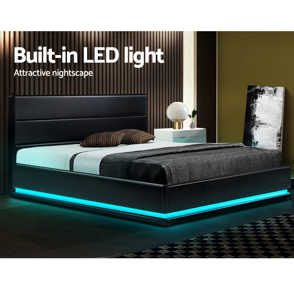 Bed Frame Double Size Led Gas Lift Black Lumi