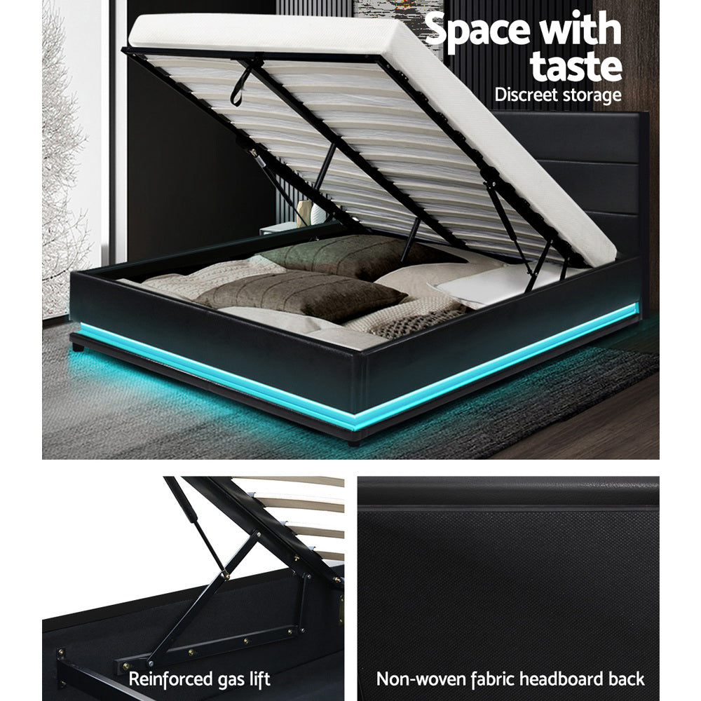 Bed Frame Double Size Led Gas Lift Black Lumi