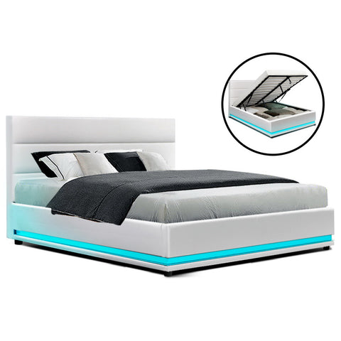 Bed Frame Double Size Led Gas Lift White Lumi