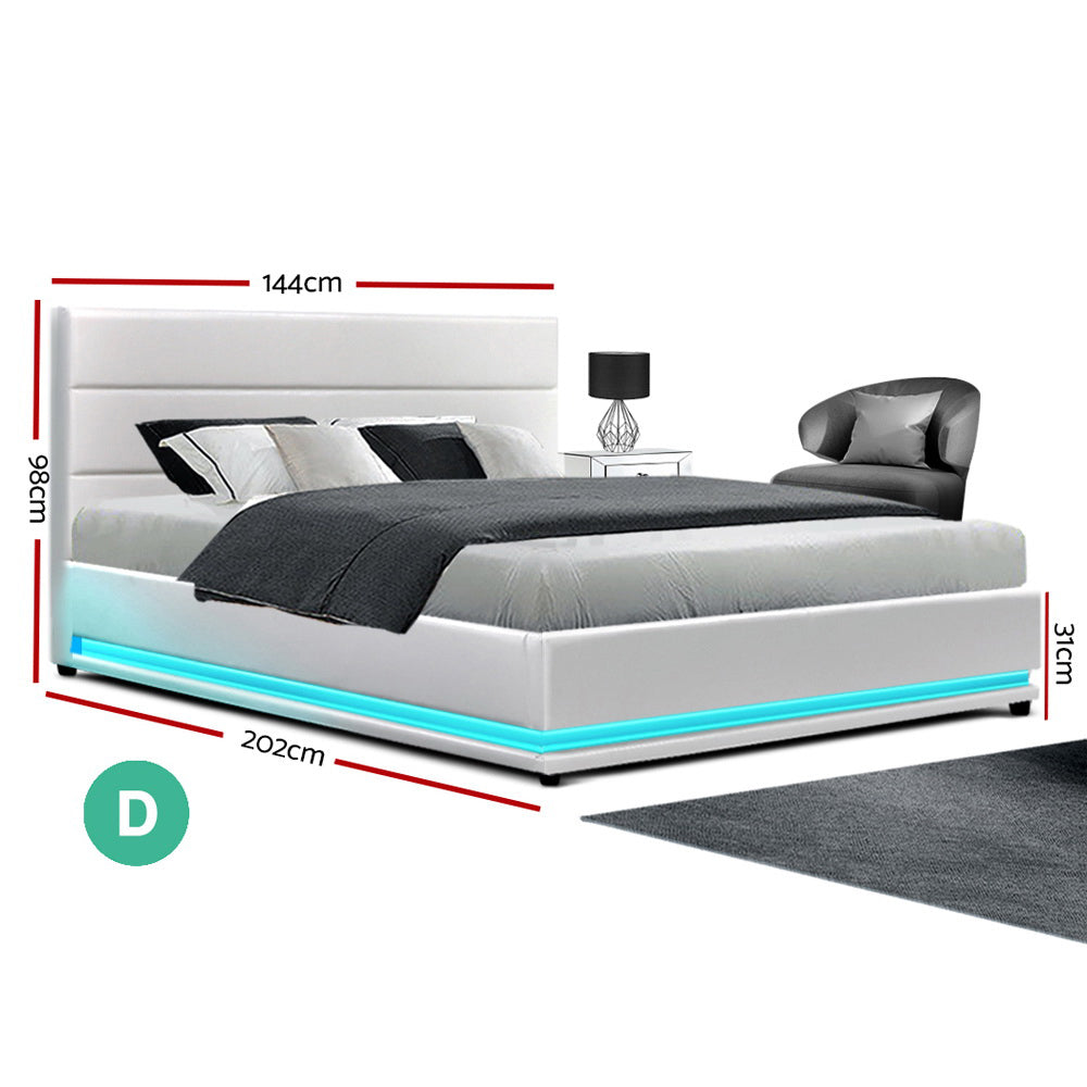 Bed Frame Double Size Led Gas Lift White Lumi