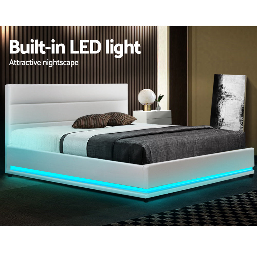 Bed Frame Double Size Led Gas Lift White Lumi