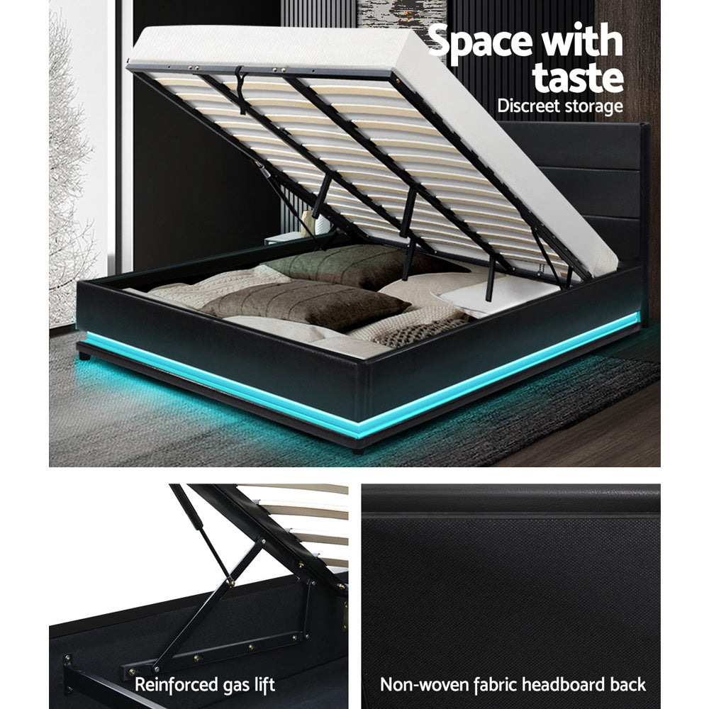 Bed Frame King Size Led Gas Lift Black Lumi