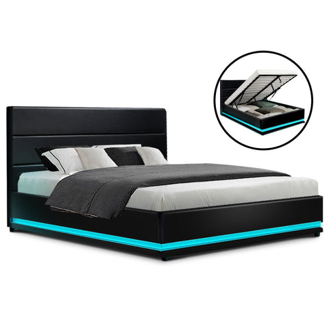 Bed Frame Queen Size Led Gas Lift Black Lumi