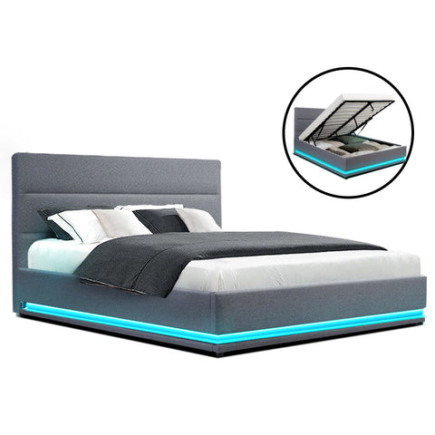 Bed Frame Queen Size Led Gas Lift Grey Lumi