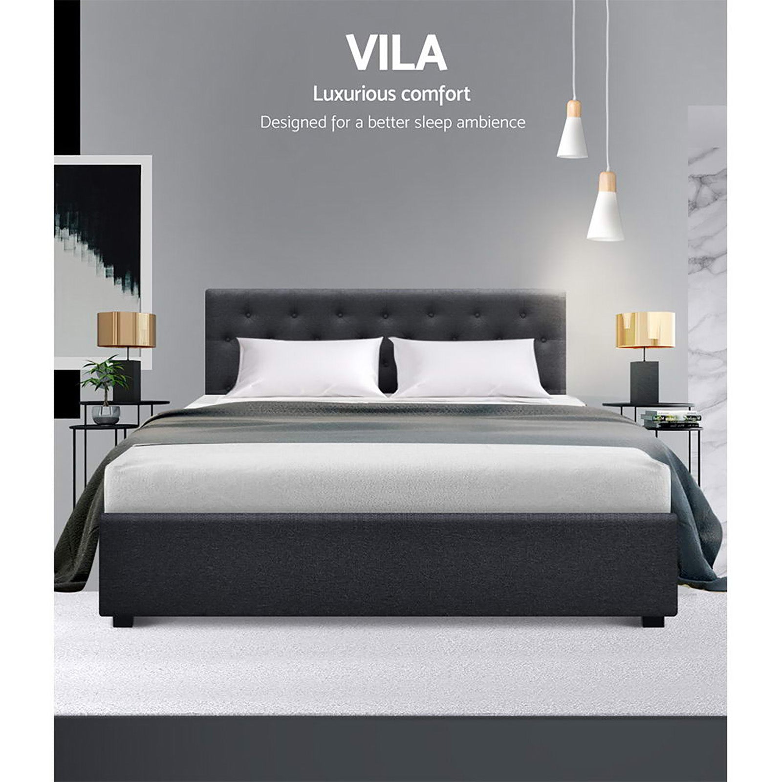 Bed Frame Queen Size Gas Lift Charcoal Vila